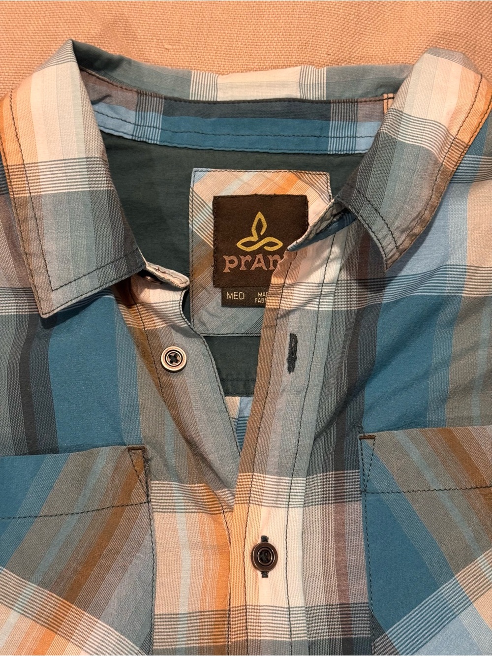 prAna Blue Teal Plaid Organic Cotton Button Front Shirt Mens Medium Long Sleeve
